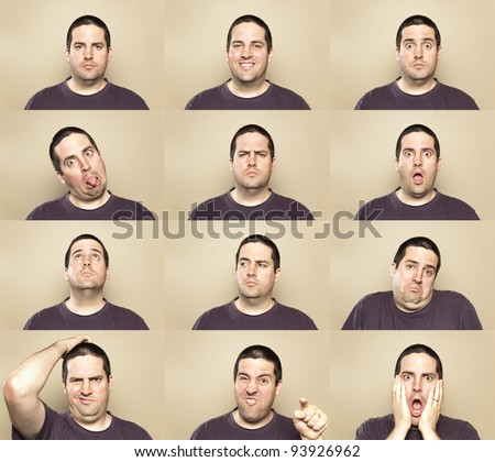 A stock photo showing many faces of the same man