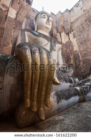 The hand of Ancient buddha statue. Sukhothai Historical Park, Su