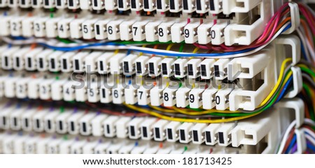 a shot of telephone cable in telephone panel.