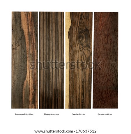 wood samples of Rosewood-Brazilian, Ebony-Macassar,Cordia-Becote and Padouk-African on a white background