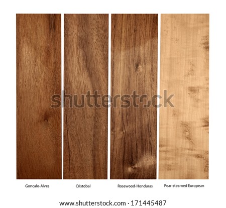 real wood samples of Goncalo-Alves, Cristobal, Rosewood-Honduras and Pear-steamed European, isolated