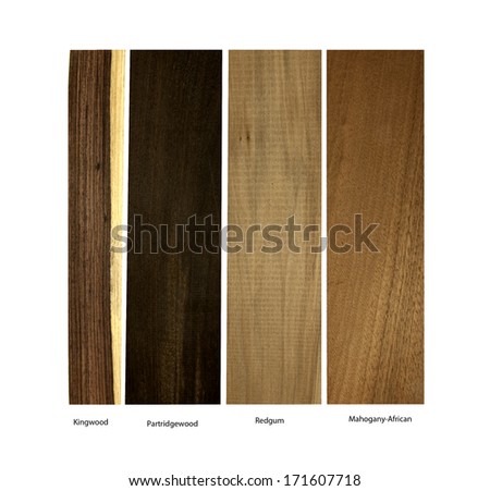 real wood samples of Kingwood,Partridgewood, Redgum and Mahogany-African, isolated