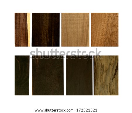 wood samples of Kingwood,Partridgewood,Redgum wood,Mahogany,Blackwood and Ebony on a white background