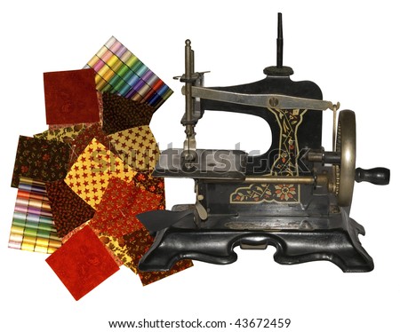 sewing machine with quilt squares and threads on a white background
