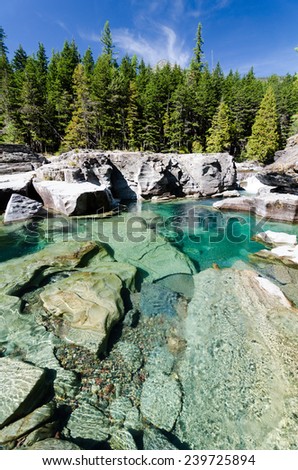 Beautiful aquamarine water flowing in MacDonald Creek at Glacier National Park in Montana.