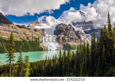 Robson Peak, Berg Lake, and Berg Glacier from Toboggan Falls in Robson Provincial Park, Canada.