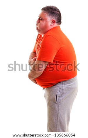 Overweight man with strong stomach pain  isolated on white background