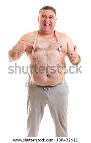 Happy fat man with a tape measure around his neck isolated on white background