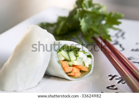 springroll on a plate with chop sticks with greens in the background