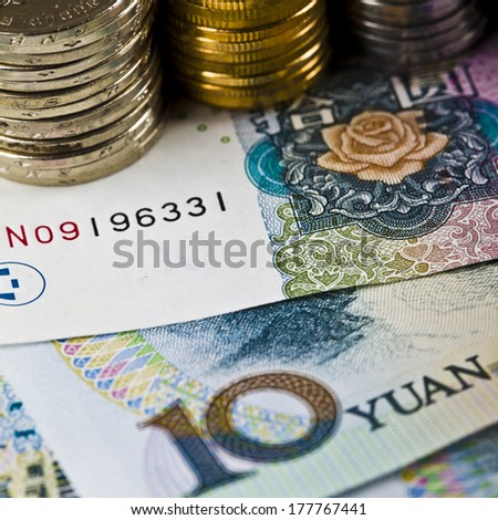 Yuan notes from China's currency. Chinese banknotes. Chinese coins