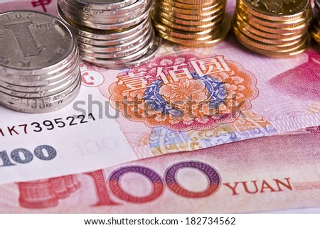 Yuan notes from China's currency. Chinese banknotes. Chinese coins