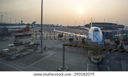 China-Hong kong -27 April,Airplane, view from airport terminal.,Hong Kong, China.27 April, 2015,