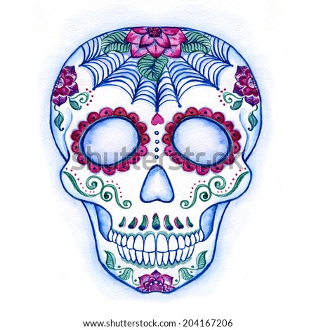 Sugar Skull drawn or watercolor. Day of The Dead colorful Skull with floral ornament.