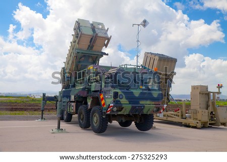 RAMAT DAVID, ISRAEL - APRIL 23: Patriot Guided Missile System and Iron Dome launcher at the exhibition for Israeli Independence Day on April 23, 2015