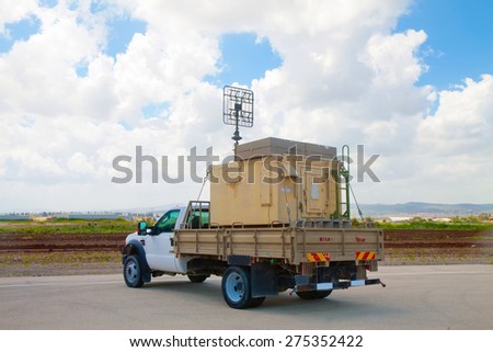 RAMAT DAVID, ISRAEL - APRIL 23: Simple moving  radar vehicle at the exhibition for Israeli Independence Day on April 23, 2015