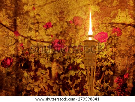 Vintage style textured picture of glowing torch in a flower garden (texture added, grunge effect picture, retro style worming tint and effects added)