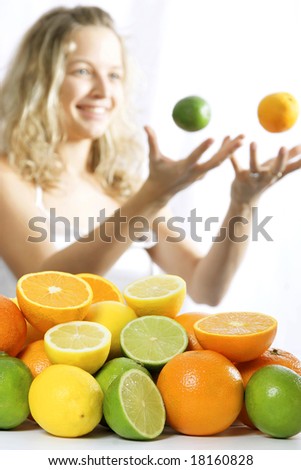 beautiful woman playing with lemon and orange fruits