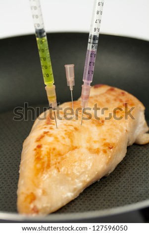 Turkey breast in frying pan is treated with antibiotics (syringe)