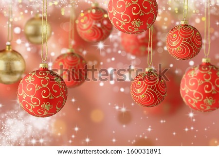 Red and golden Christmas balls with fantasy background