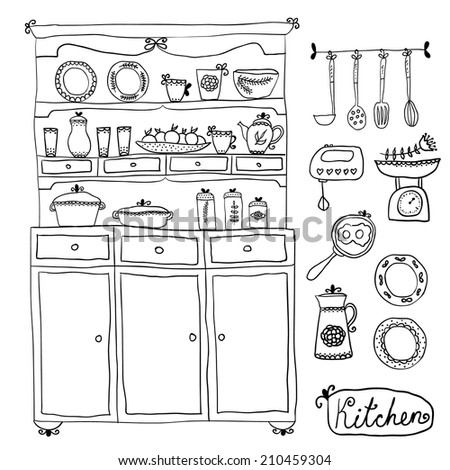 kitchen set in vector. Design elements: kitchen Cabinet, kitchen utensils, mixer, scales, and other