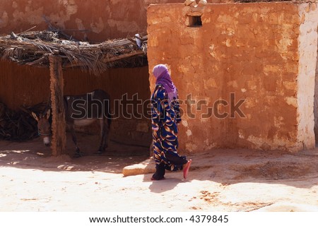 Traditional Arab woman near troglodyt house. Africa, Tunis