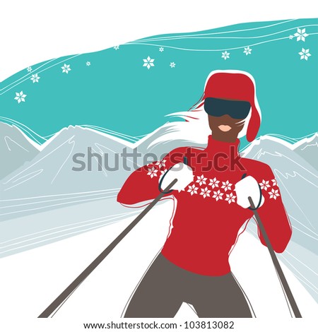 Glamour girl skiing, winter season sports vector illustration.