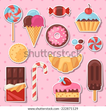 Set of colorful sticker candy sweets and cakes Set of colorful sticker candy sweets and cakes