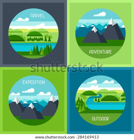 Backgrounds with illustration of mountain and river landscape.