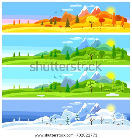 Four seasons landscape. Banners with trees, mountains and hills in winter, spring, summer, autumn