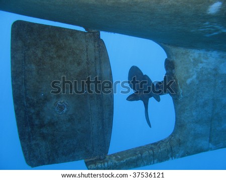 Underwater shot of a Boat propeller.