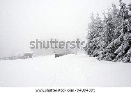 Winter path surrounded by trees and shelter in polish mountains. Winter landscape.