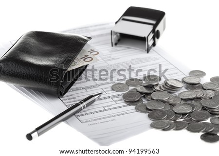 Business documents, wallet with polish paper money, one zloty coins, pen and rubber stamp. Money and savings concept on white background.