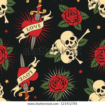 vector seamless with roses hearts and skulls vector seamless with roses hearts and skulls