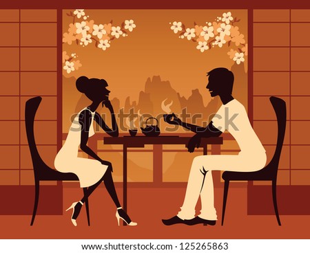 Silhouette of the couple in the cafe Silhouette of the couple in the cafe