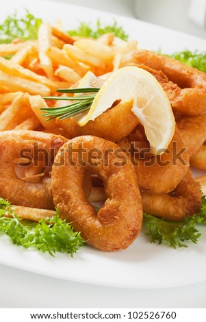 Fried squid rings with french fries and lettuce