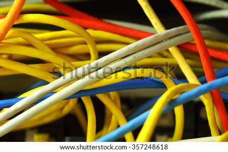 Colorful tangled ethernet computer wires