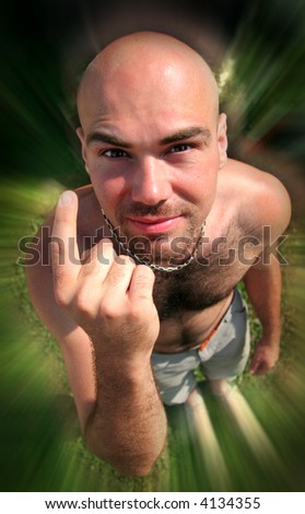 Bald guy is calling the attention with his finger
