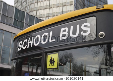 Close up of sign at front of school bus parked in Westminster. London. England