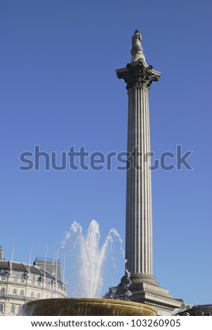 Nelson\'s Column and fountain in Trafalgar Square. Westminster. London. England