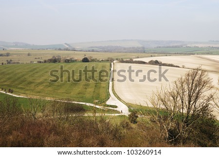 The South Downs countryside north of Worthing. West Sussex. England. View north from Cissbury Hill ancient hill fort.
