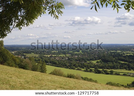View South over countryside from Box Hill on the North Downs at Dorking. Surrey. England