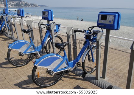 Bicycles for hire in stands on the seafront at Nice, Cote d\'Azur, France