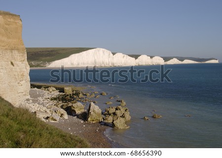 The Seven Sisters chalk cliffs between Seaford and Eastbourne in East Sussex. England. Viewed from Hope Bay. Beachy Head to right.