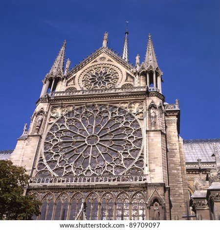Rose window from outside. Notre Dame Cathedral. Ile de la Cite. Paris. France