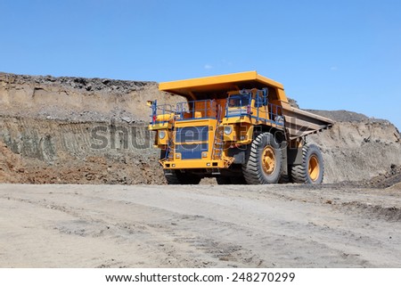 Coal mining. Yellow mining truck.