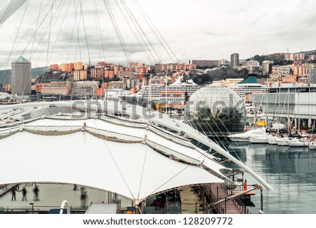 GENOA, ITALY - DECEMBER 20: The most important attraction and famous place- Genoa Old Port Area, over 130,000 sq m, numerous buildings and well-known attractions, in Genoa, Italy on Dec 20, 2012