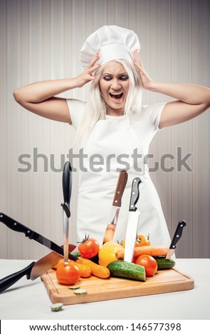 Angry and stressed out woman cook