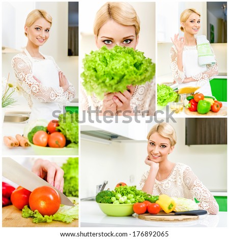 Collage of young women cooking healthy food at home in the kitchen.