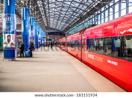 MOSCOW, RUSSIA-MARCH 10, 2014: Aeroexpress Trains on the Train station Sheremetyevo on march 10, 2014. Moscow city, Russia
