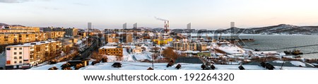 Panoramic view of Petropavlovsk-Kamchatsky city, seaport and power plant. Far East, Russia